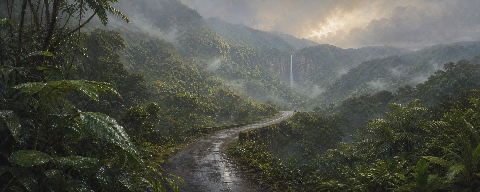 A quiet road winds through a lush Hawaiian rainforest valley